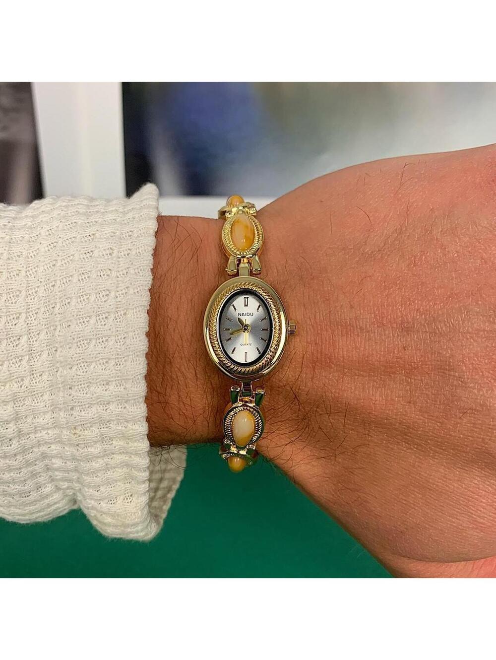 Y2k style Dainty cute Gold style tone quartz watch with orange jade stone opal - Picture 2 of 8